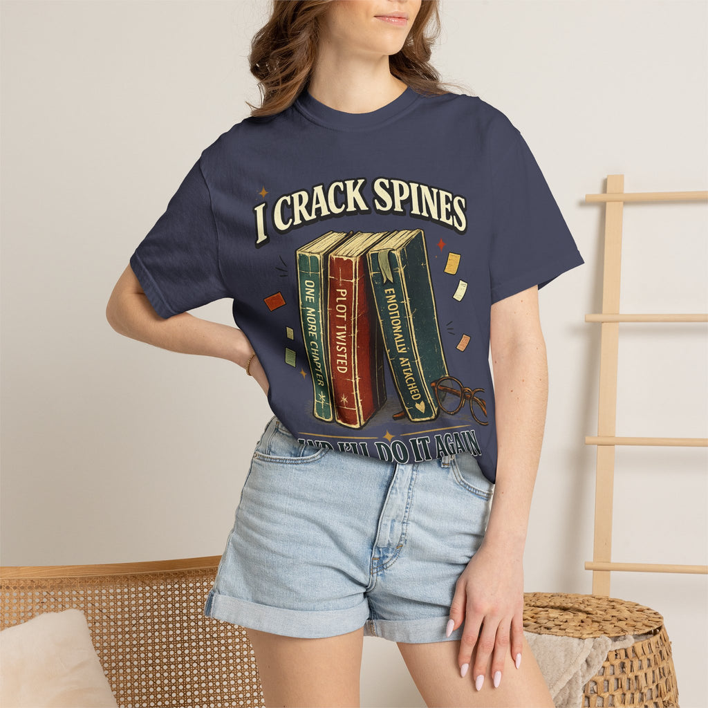Book Lover T-Shirt — "I Crack Spines and I'll Do It Again" Vintage Stack Graphic
