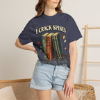 Book Lover T-Shirt — "I Crack Spines and I'll Do It Again" Vintage Stack Graphic