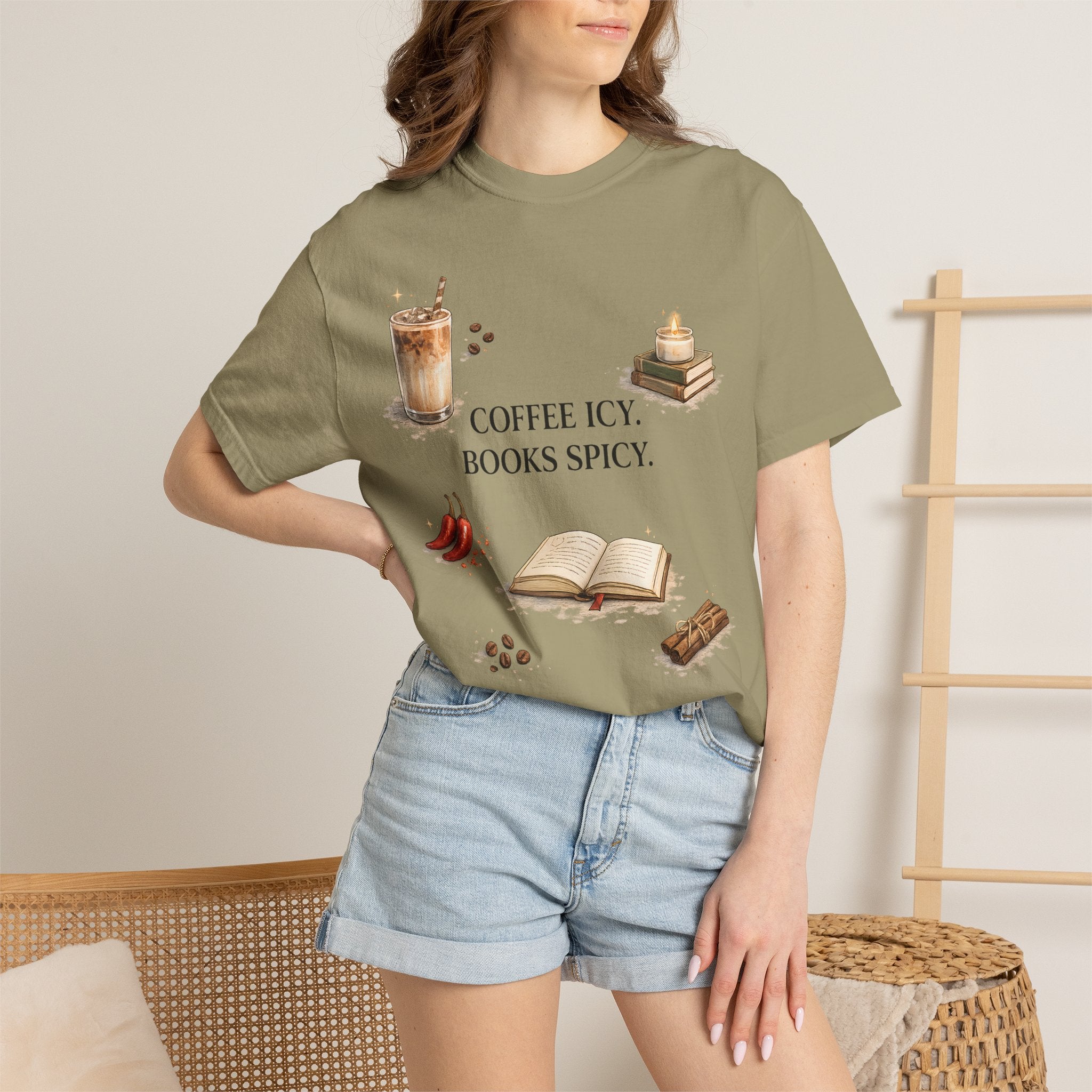 Coffee Icy, Books Spicy T-Shirt — Literary Coffee Lover Tee