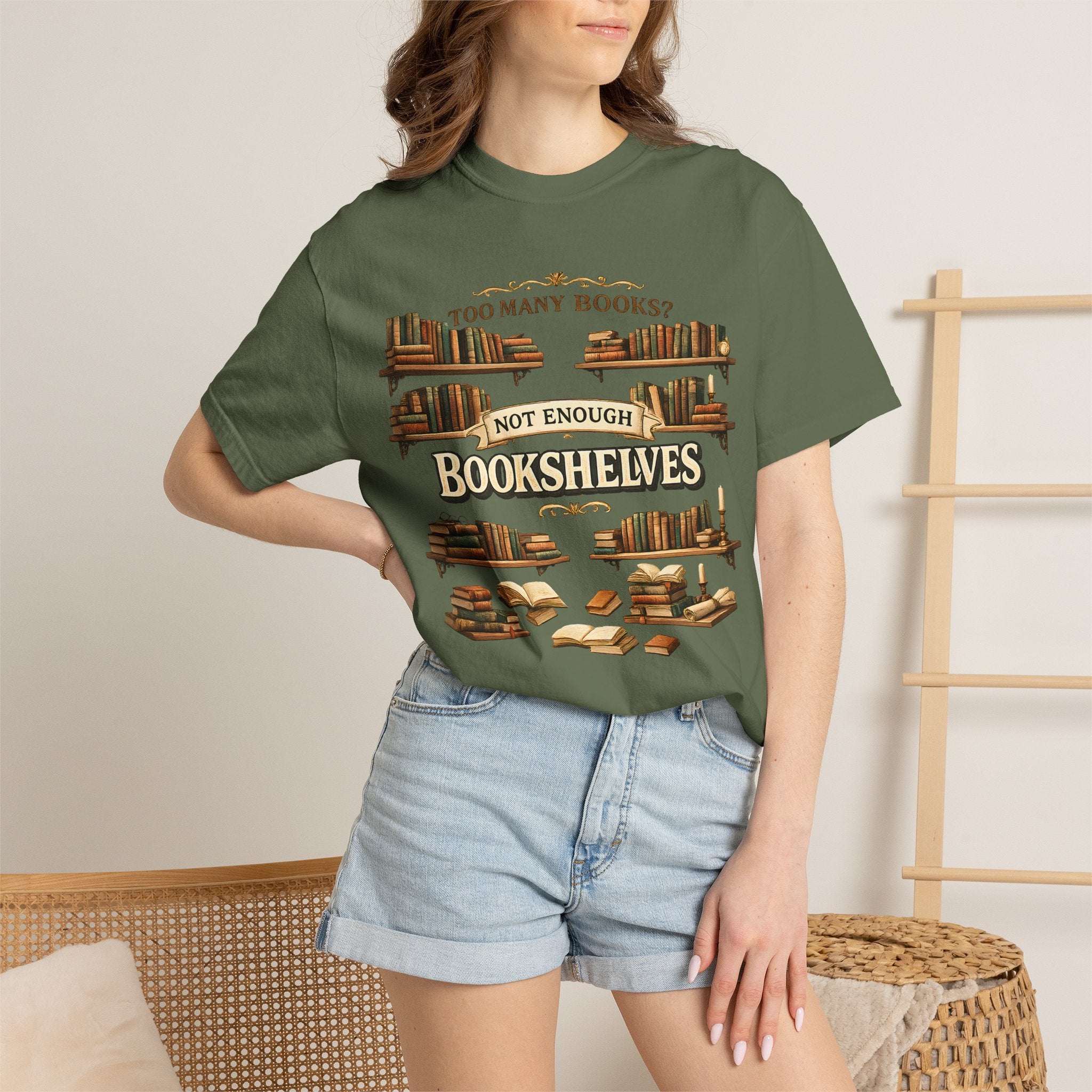 Bookshelf T-Shirt — "Too Many Books? Not Enough Bookshelves" Reader Shirt