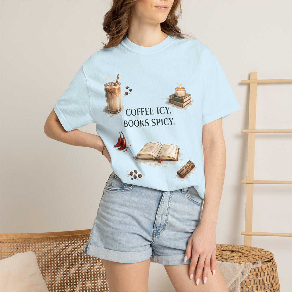 Coffee Icy, Books Spicy T-Shirt — Literary Coffee Lover Tee