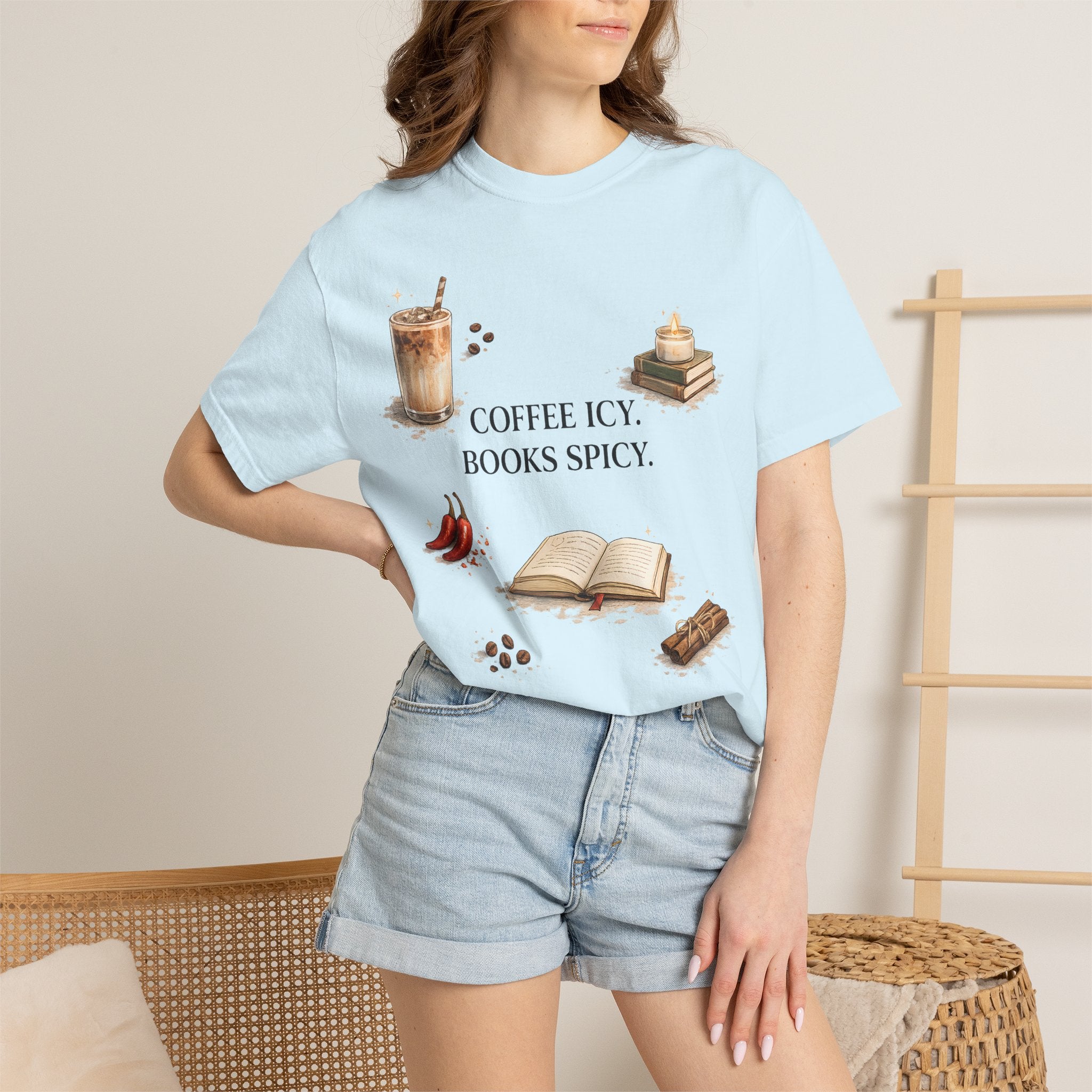 Coffee Icy, Books Spicy T-Shirt — Literary Coffee Lover Tee