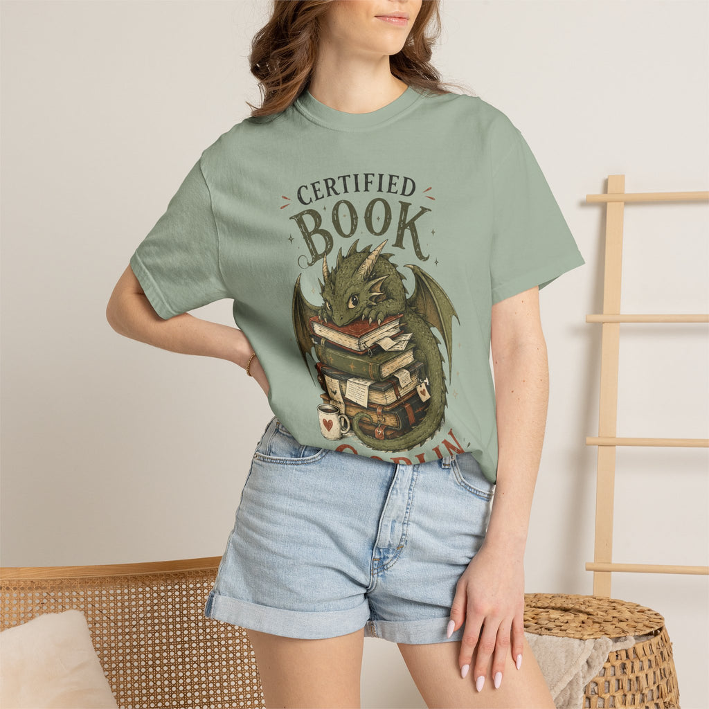 Certified Book Goblin T-Shirt — Cute Dragon Reading Graphic Tee for Book Lovers