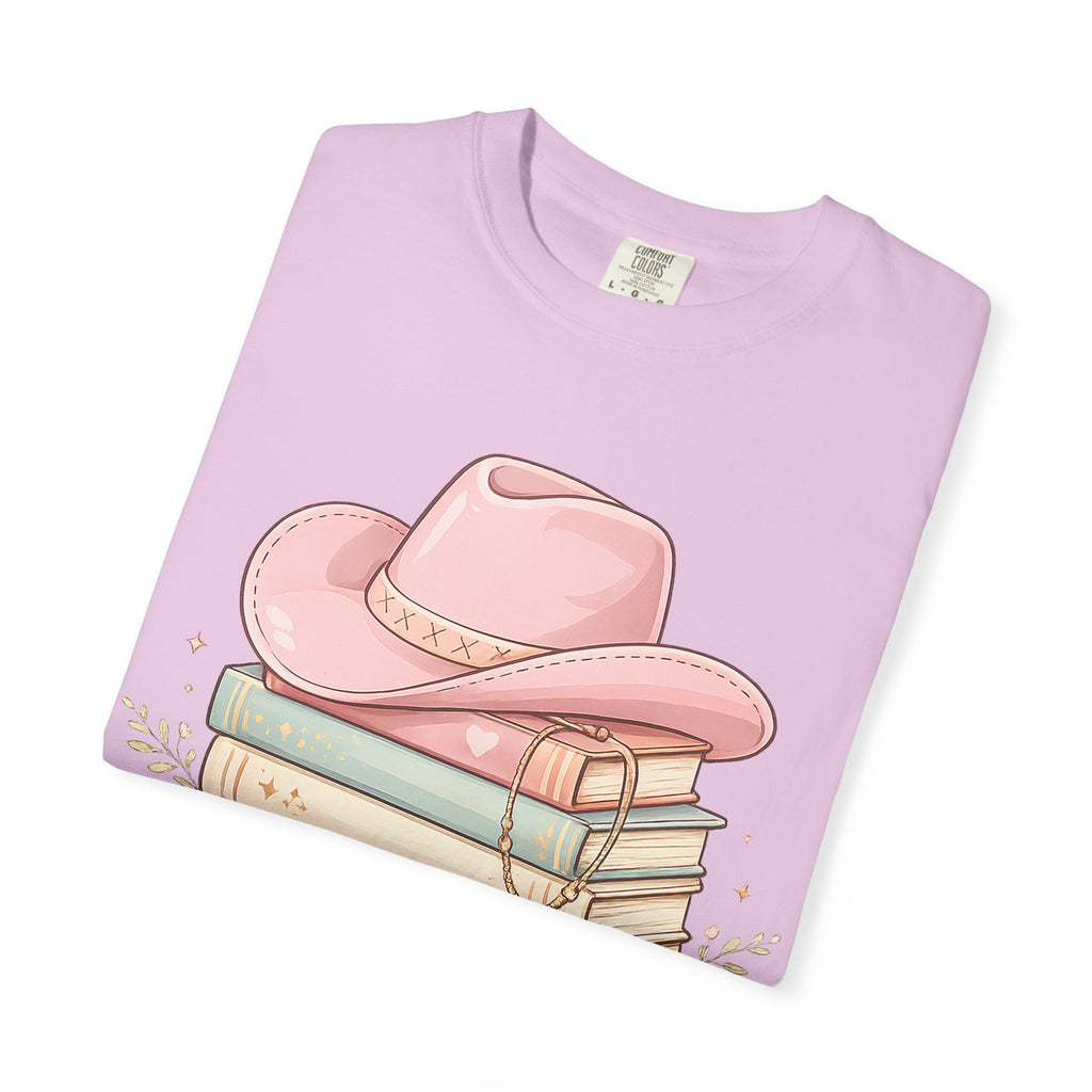 Cowgirl Booklover T-Shirt — "As Too Many Books" Stack with Pink Cowboy Hat