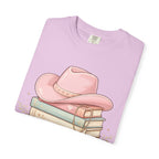 Cowgirl Booklover T-Shirt — "As Too Many Books" Stack with Pink Cowboy Hat
