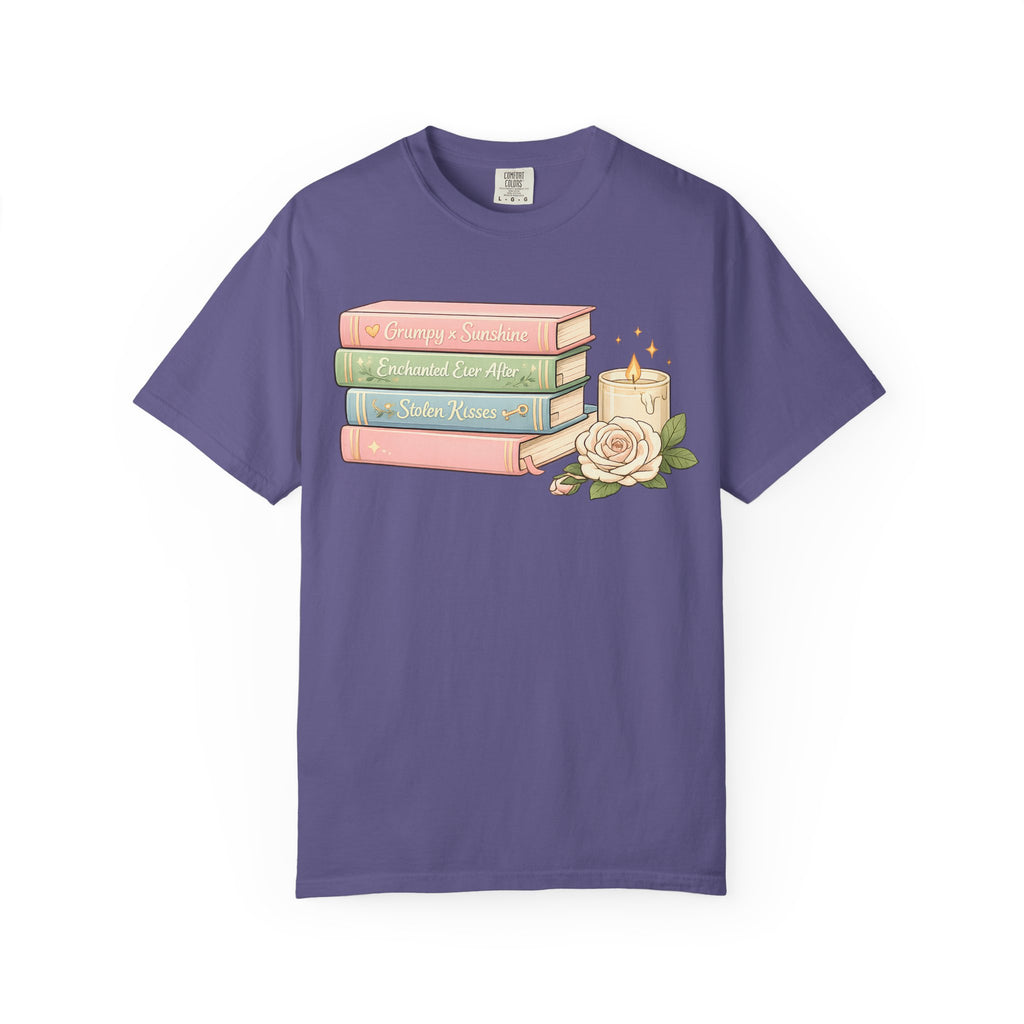 Cozy Bookstack Tee — Pastel Books, Candle & Rose Graphic T‑Shirt