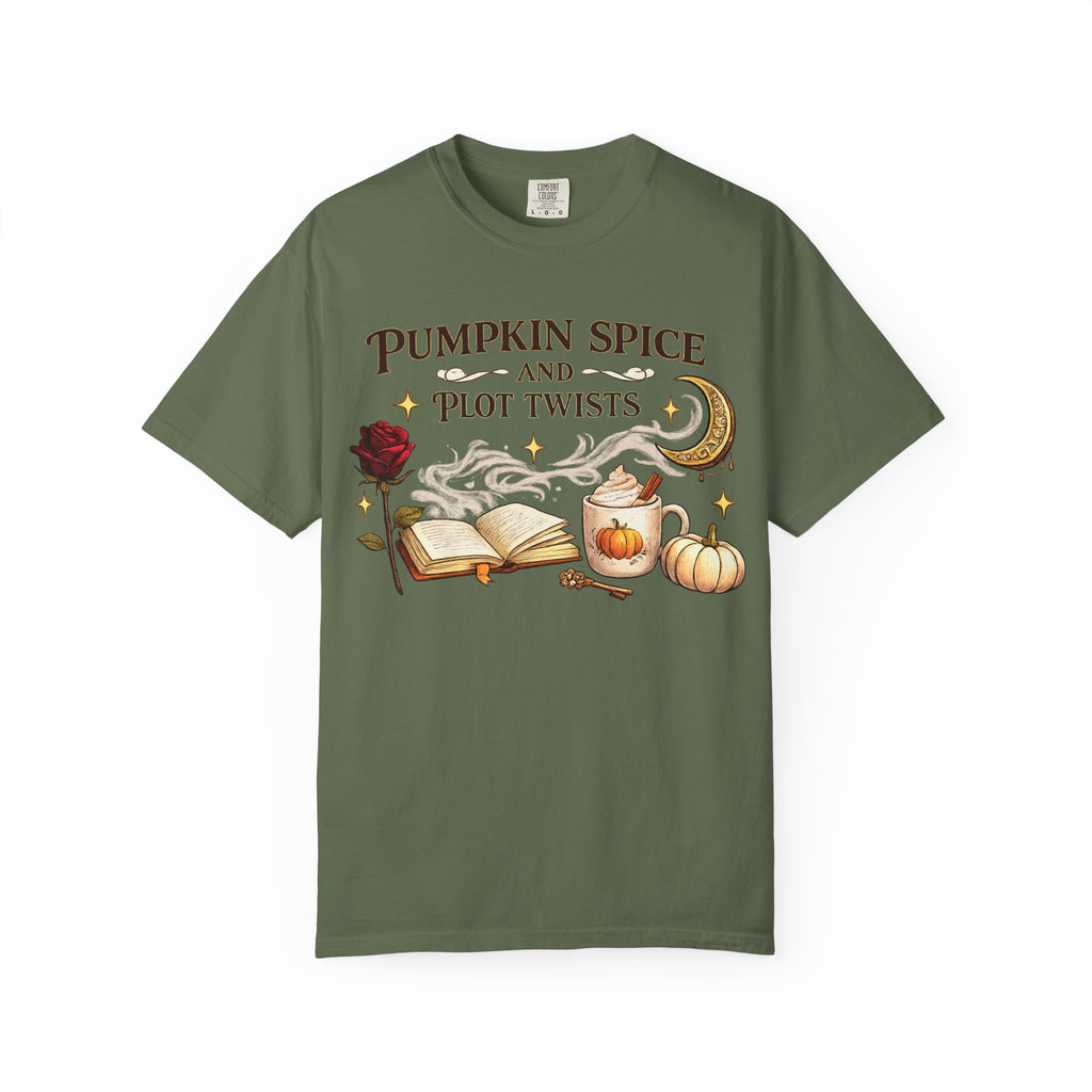Pumpkin Spice and Plot Twists T-Shirt: Vintage Autumn Flatlay Graphic Tee