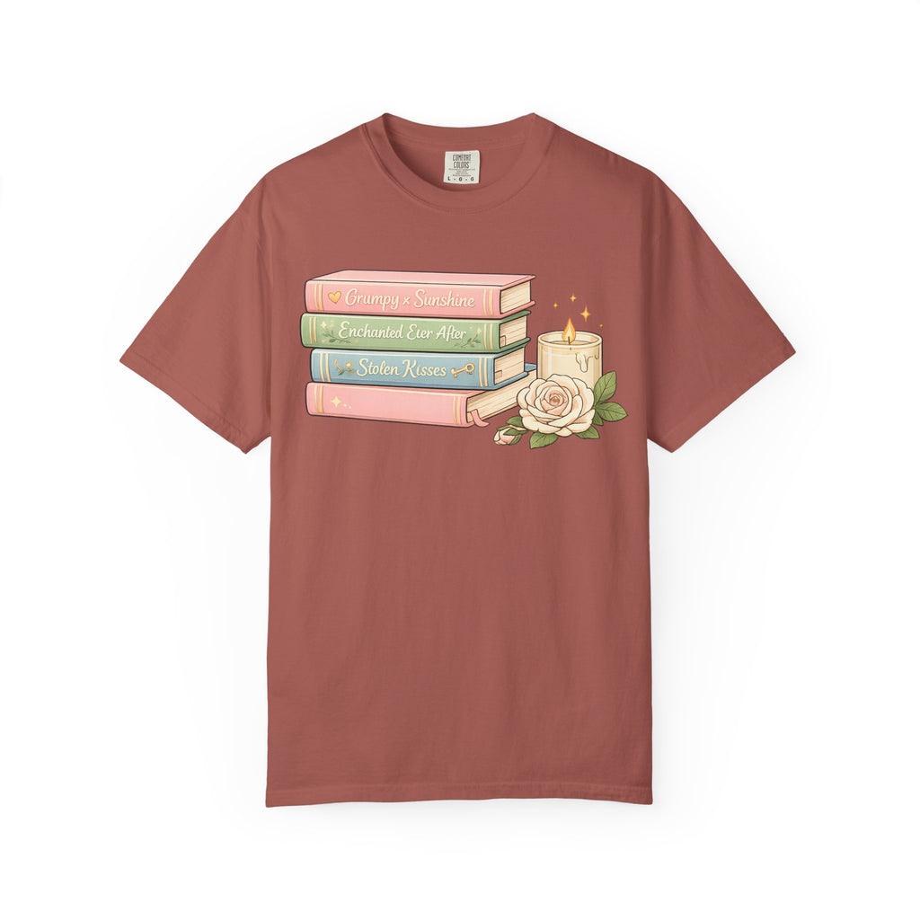 Cozy Bookstack Tee — Pastel Books, Candle & Rose Graphic T‑Shirt