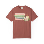 Cozy Bookstack Tee — Pastel Books, Candle & Rose Graphic T‑Shirt