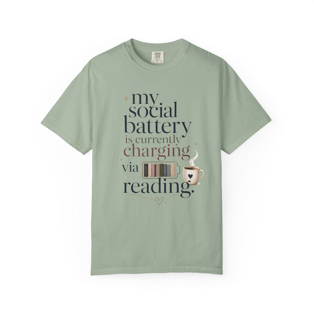 Reading Recharge T-Shirt — "My Social Battery Is Currently Charging via Reading" Booklover Tee