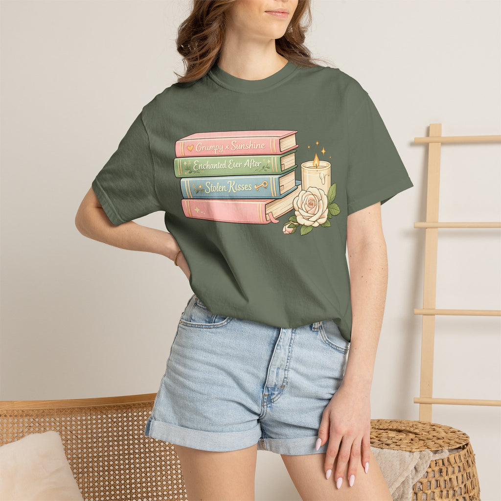 Cozy Bookstack Tee — Pastel Books, Candle & Rose Graphic T‑Shirt