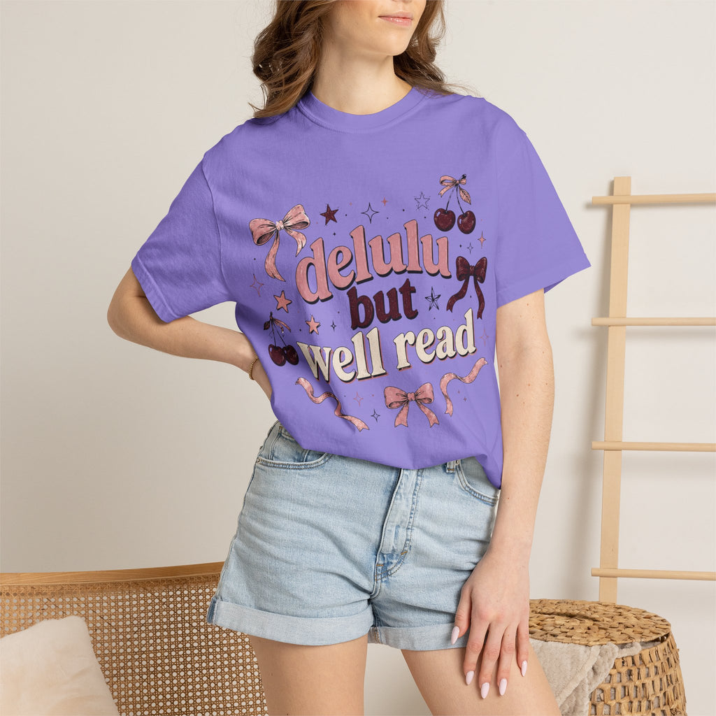 T-Shirt — “Delulu But Well Read” Cute Cherry & Bow Graphic Tee