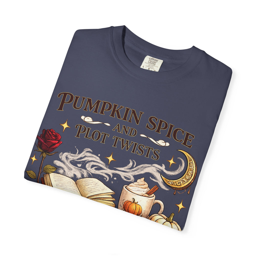 Pumpkin Spice and Plot Twists T-Shirt: Vintage Autumn Flatlay Graphic Tee