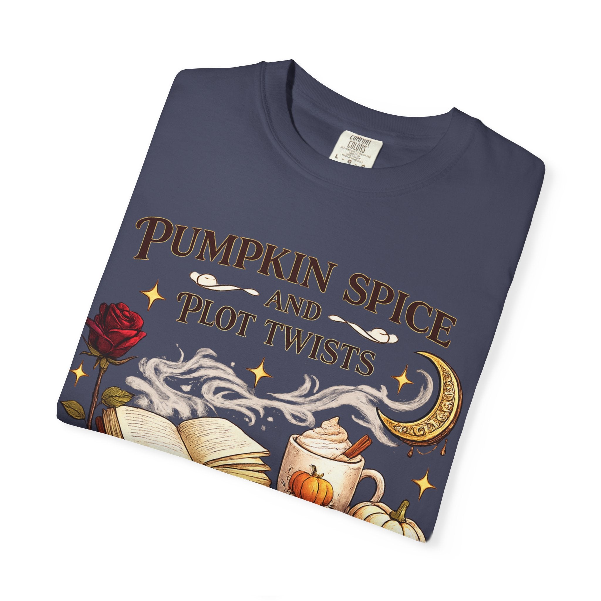 Pumpkin Spice and Plot Twists T-Shirt: Vintage Autumn Flatlay Graphic Tee