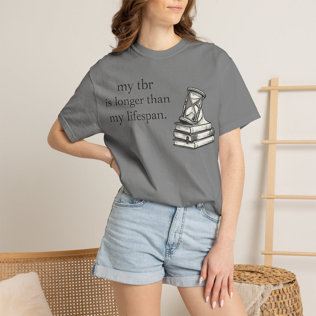 Book Lover T‑Shirt — “my tbr is longer than my lifespan” Graphic Tee