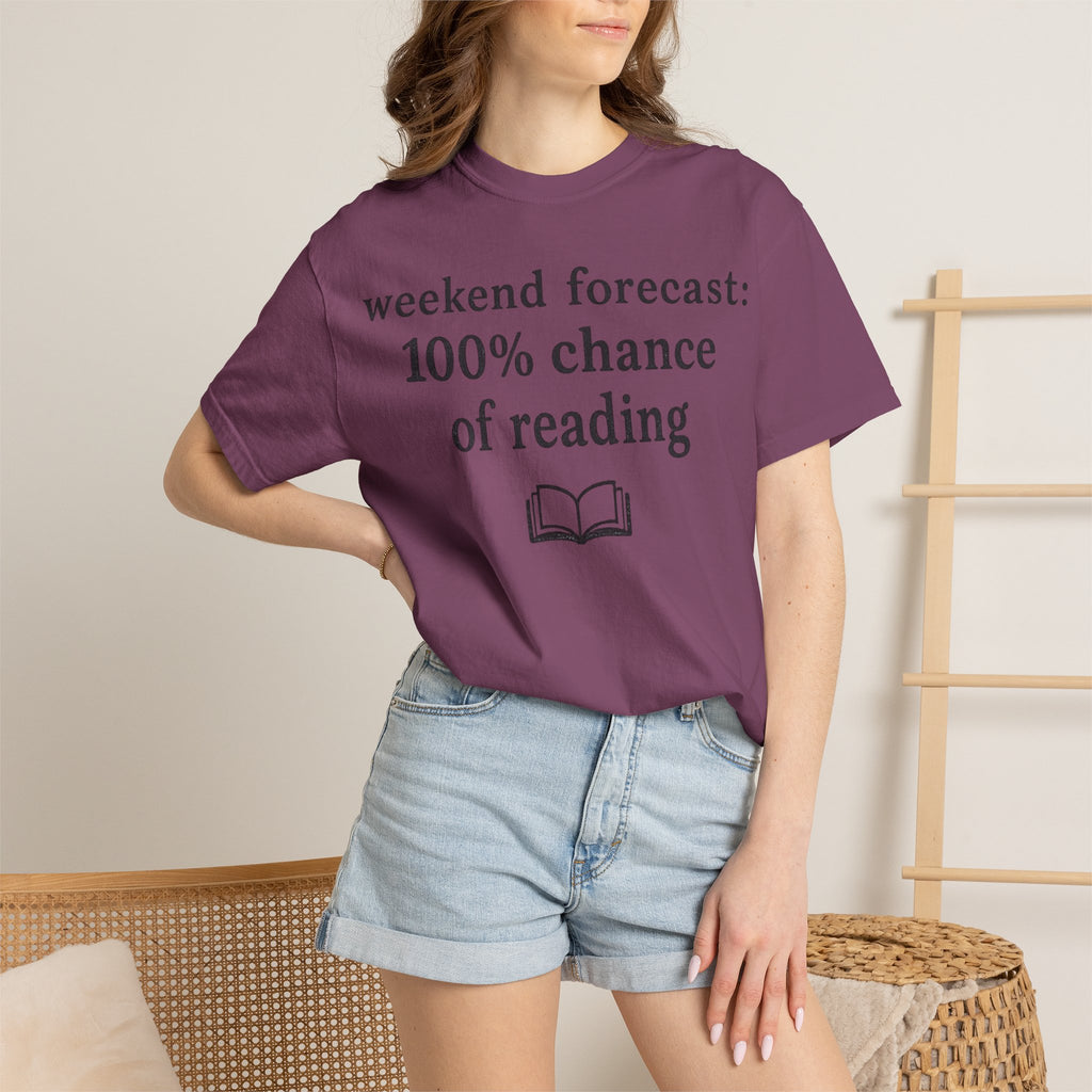 Reading Forecast T-Shirt — “Weekend Forecast: 100% Chance of Reading” Book Lover Tee