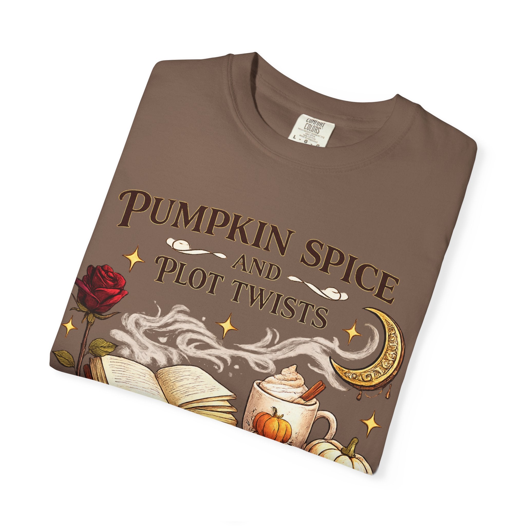 Pumpkin Spice and Plot Twists T-Shirt: Vintage Autumn Flatlay Graphic Tee