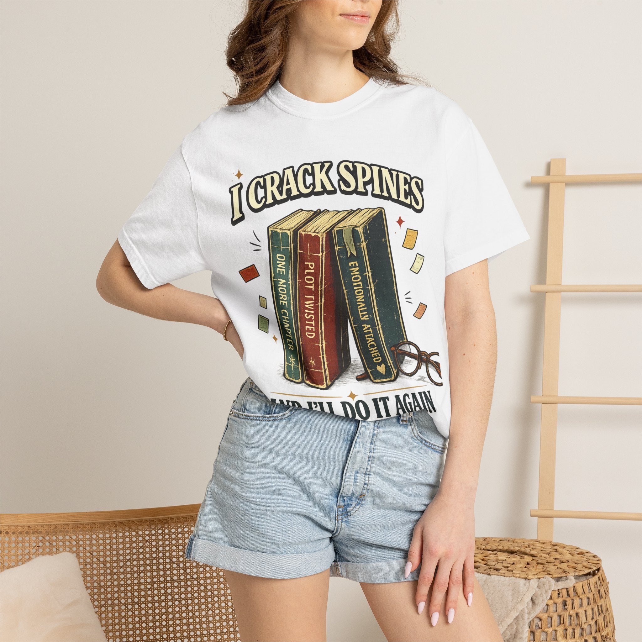 Book Lover T-Shirt — "I Crack Spines and I'll Do It Again" Vintage Stack Graphic