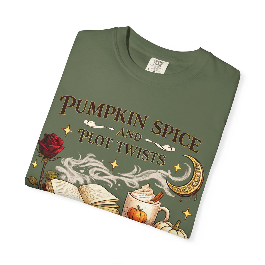 Pumpkin Spice and Plot Twists T-Shirt: Vintage Autumn Flatlay Graphic Tee
