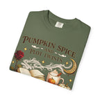 Pumpkin Spice and Plot Twists T-Shirt: Vintage Autumn Flatlay Graphic Tee