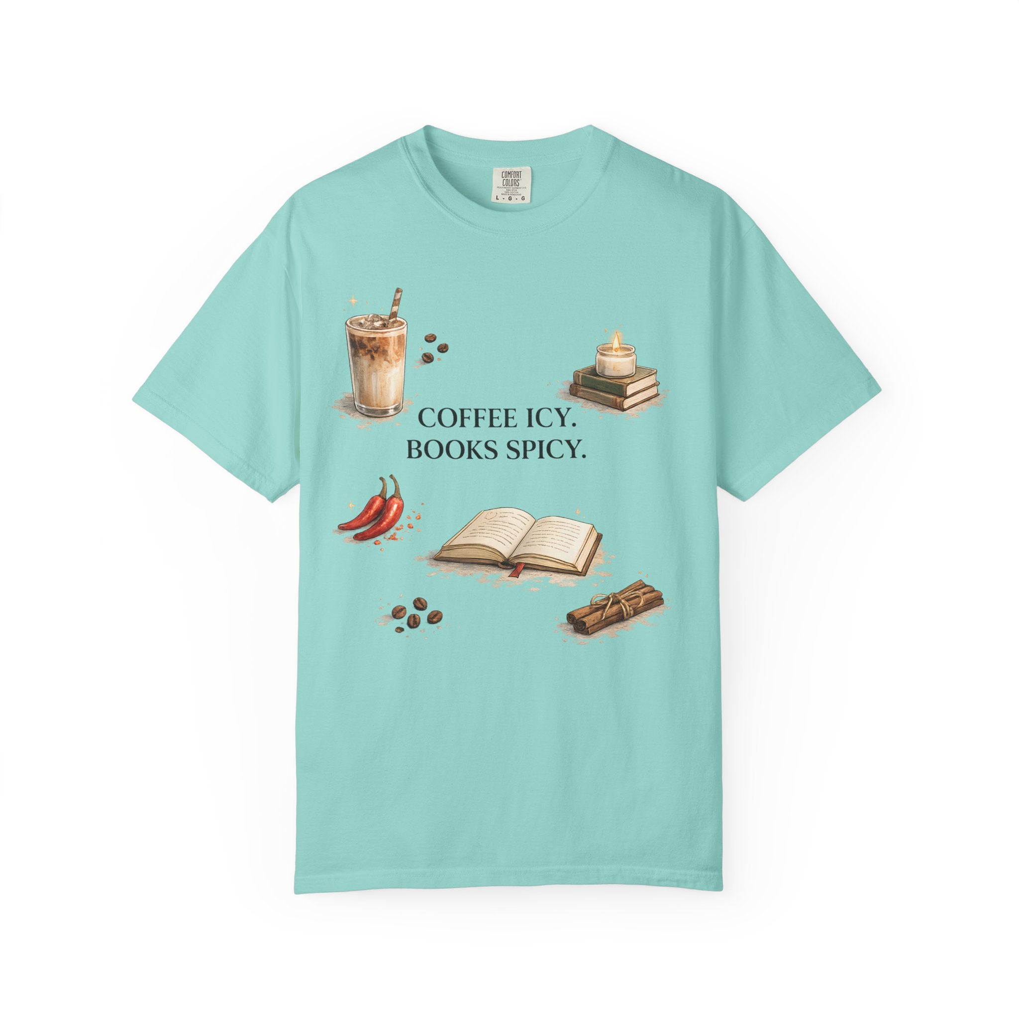 Coffee Icy, Books Spicy T-Shirt — Literary Coffee Lover Tee