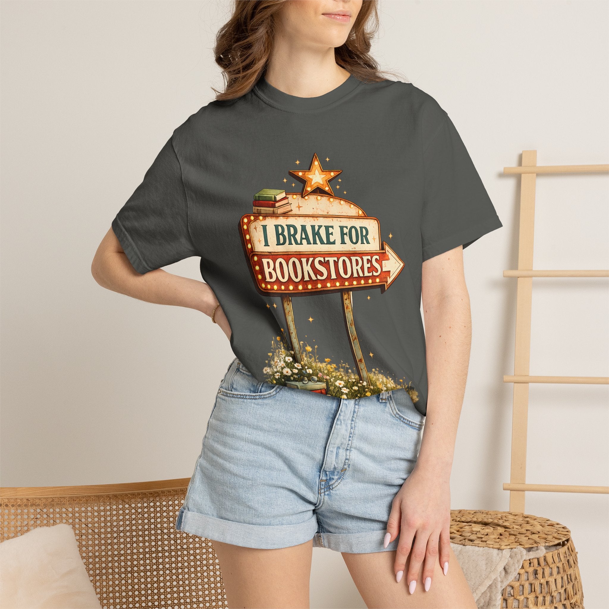 I Brake for Bookstores T-Shirt — Vintage Signbook Lover Tee