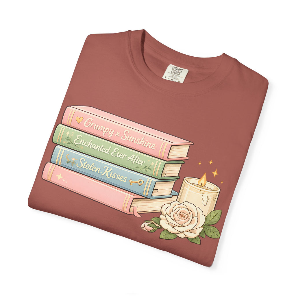 Cozy Bookstack Tee — Pastel Books, Candle & Rose Graphic T‑Shirt