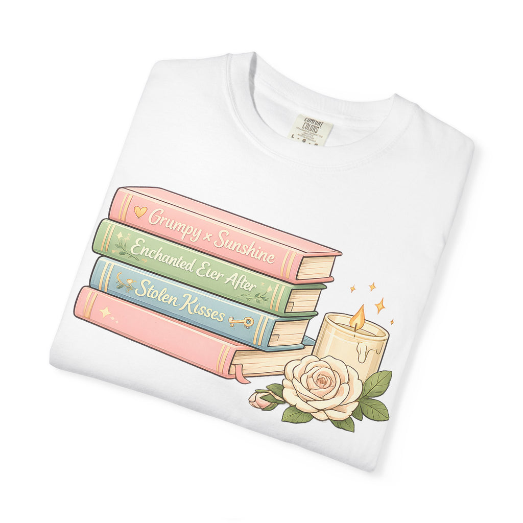 Cozy Bookstack Tee — Pastel Books, Candle & Rose Graphic T‑Shirt