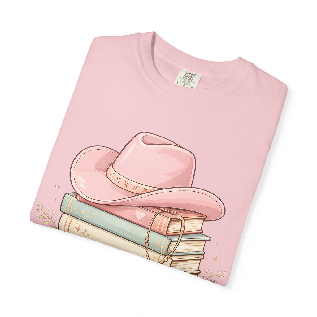 Cowgirl Booklover T-Shirt — "As Too Many Books" Stack with Pink Cowboy Hat