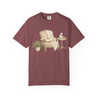 Cozy Reading Nook T-Shirt — Armchair, Blanket & Coffee Graphic