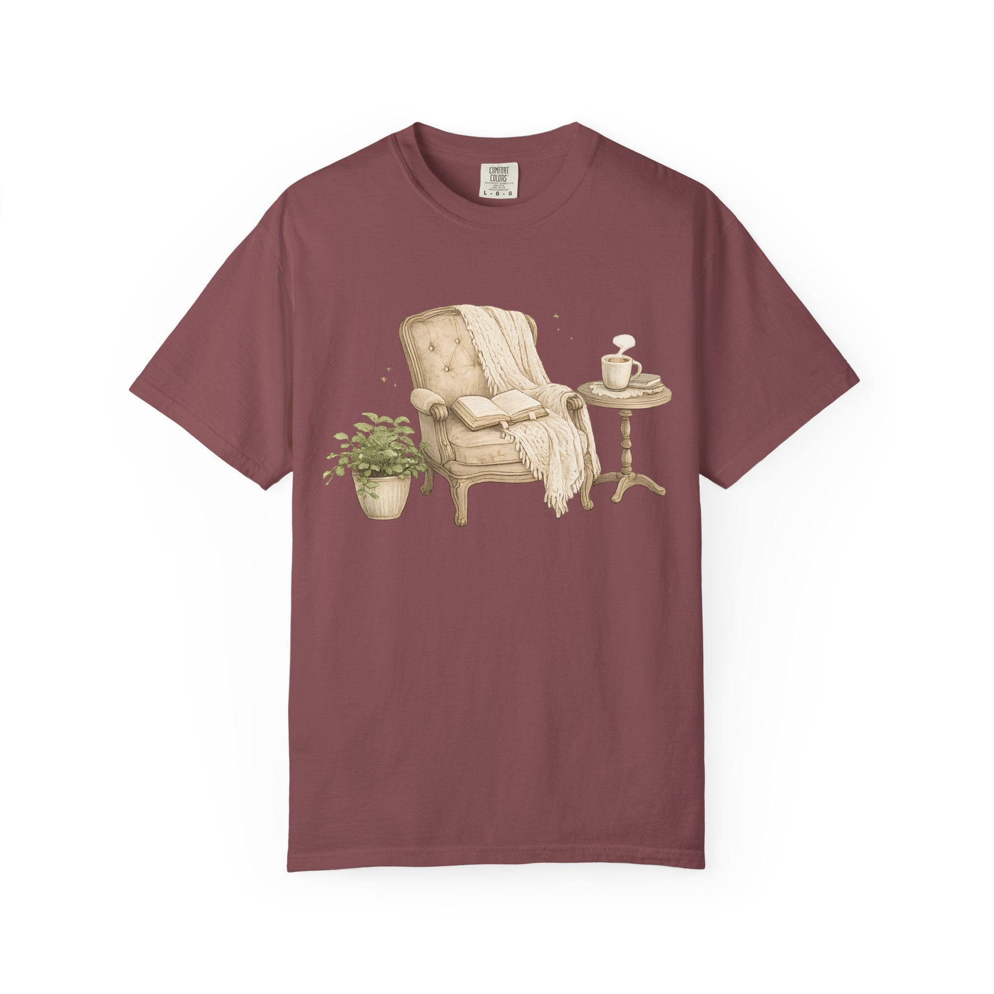 Cozy Reading Nook T-Shirt — Armchair, Blanket & Coffee Graphic