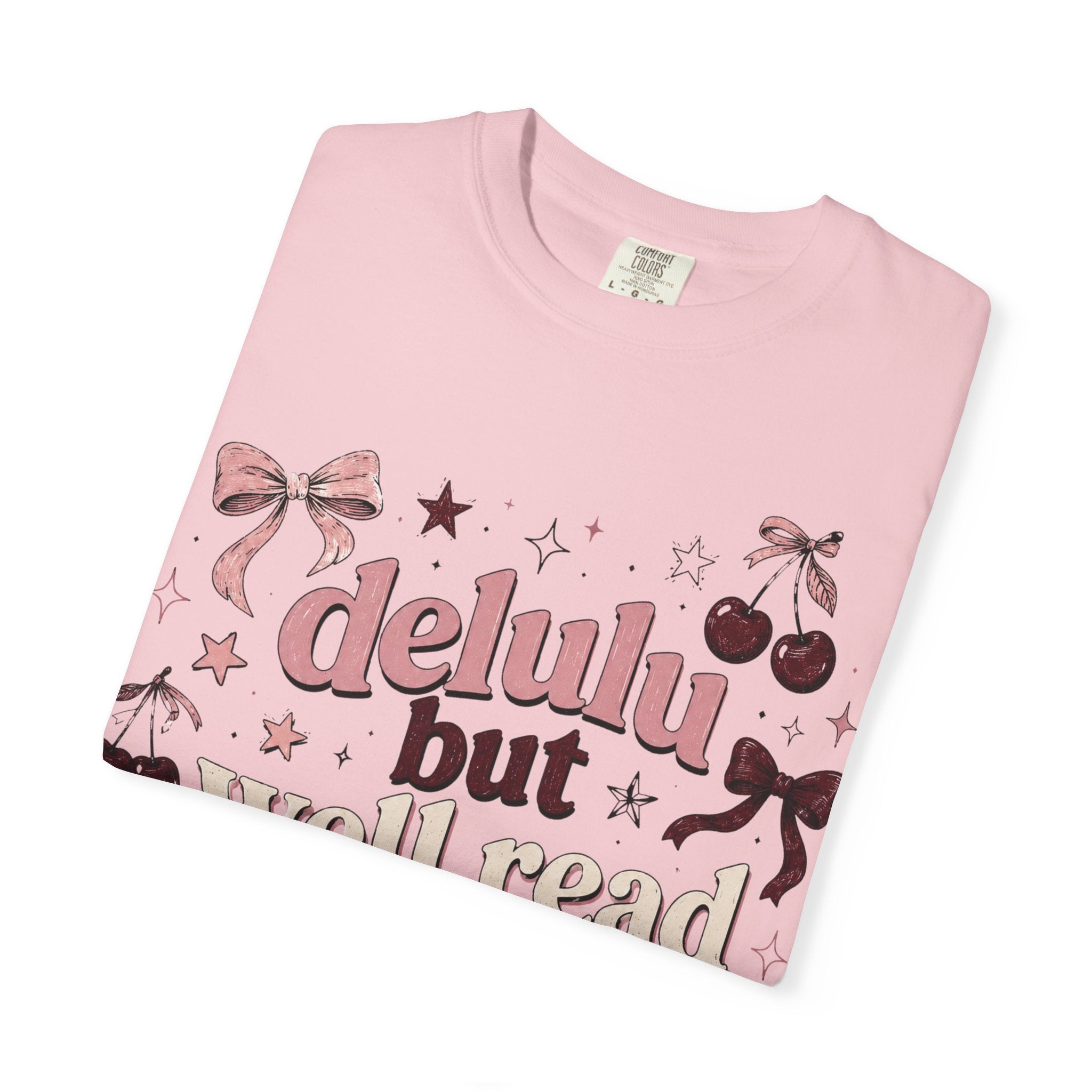 T-Shirt — “Delulu But Well Read” Cute Cherry & Bow Graphic Tee