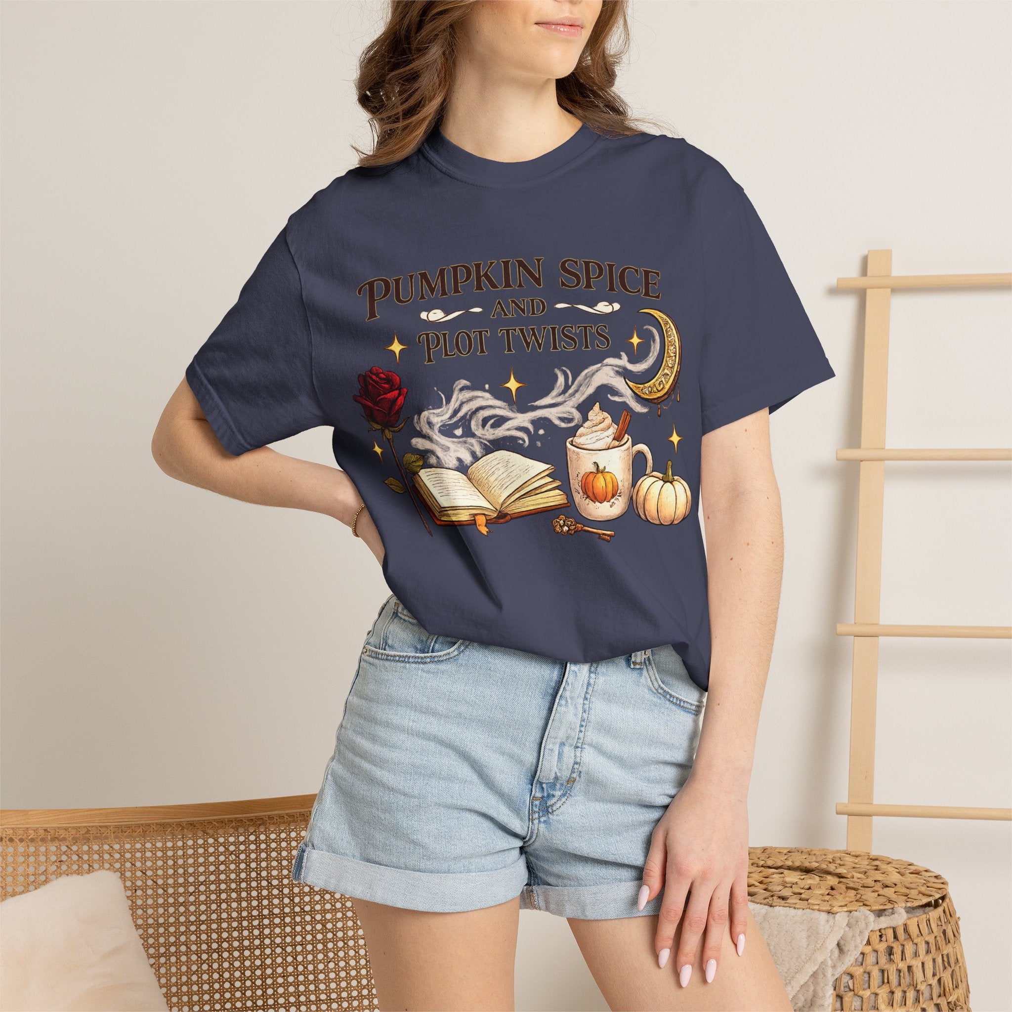 Pumpkin Spice and Plot Twists T-Shirt: Vintage Autumn Flatlay Graphic Tee