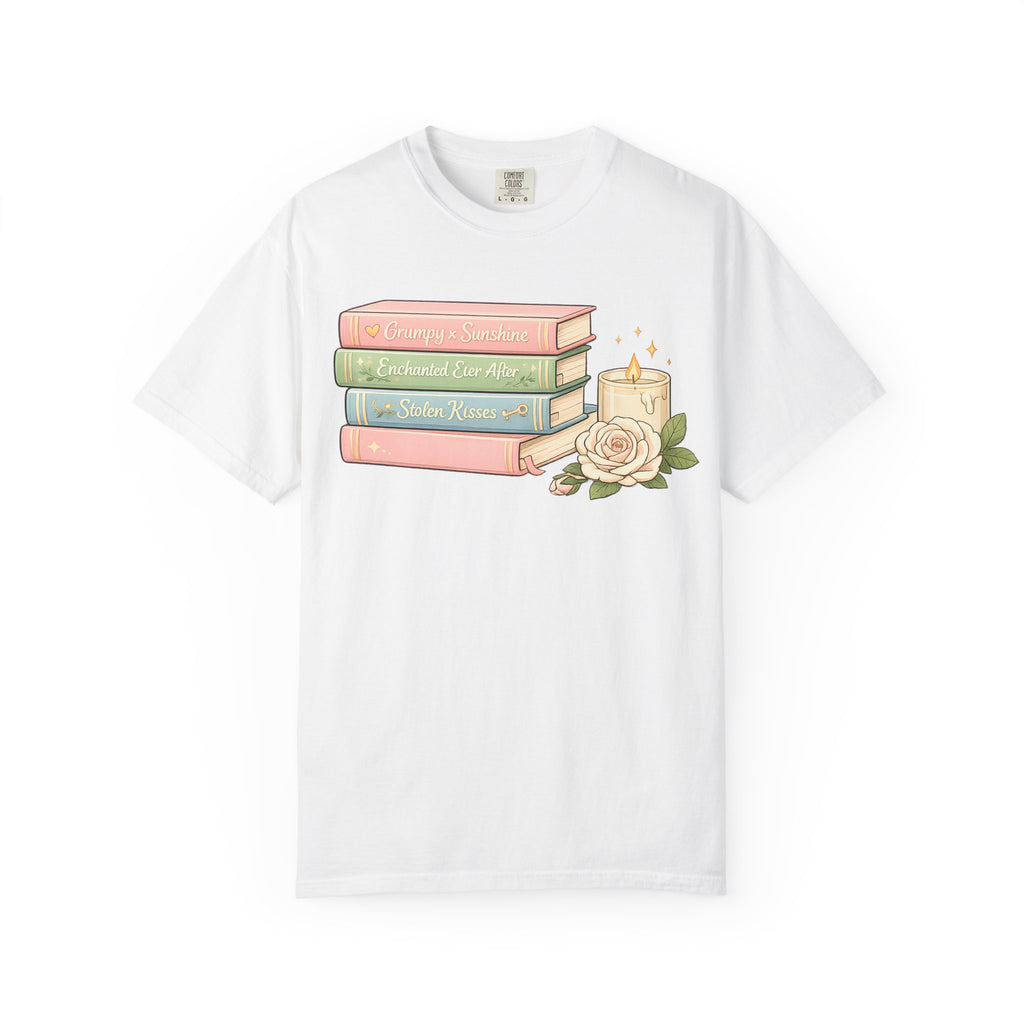 Cozy Bookstack Tee — Pastel Books, Candle & Rose Graphic T‑Shirt