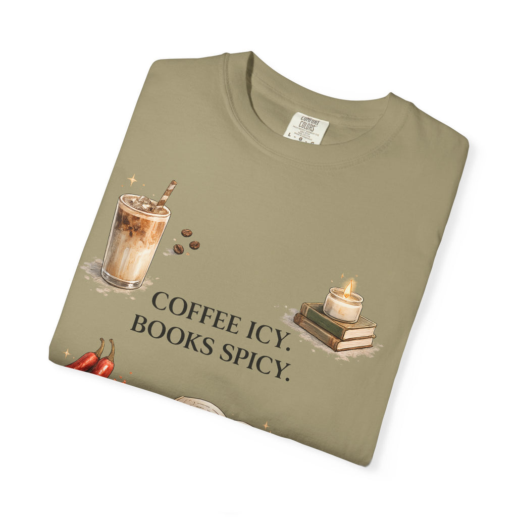Coffee Icy, Books Spicy T-Shirt — Literary Coffee Lover Tee