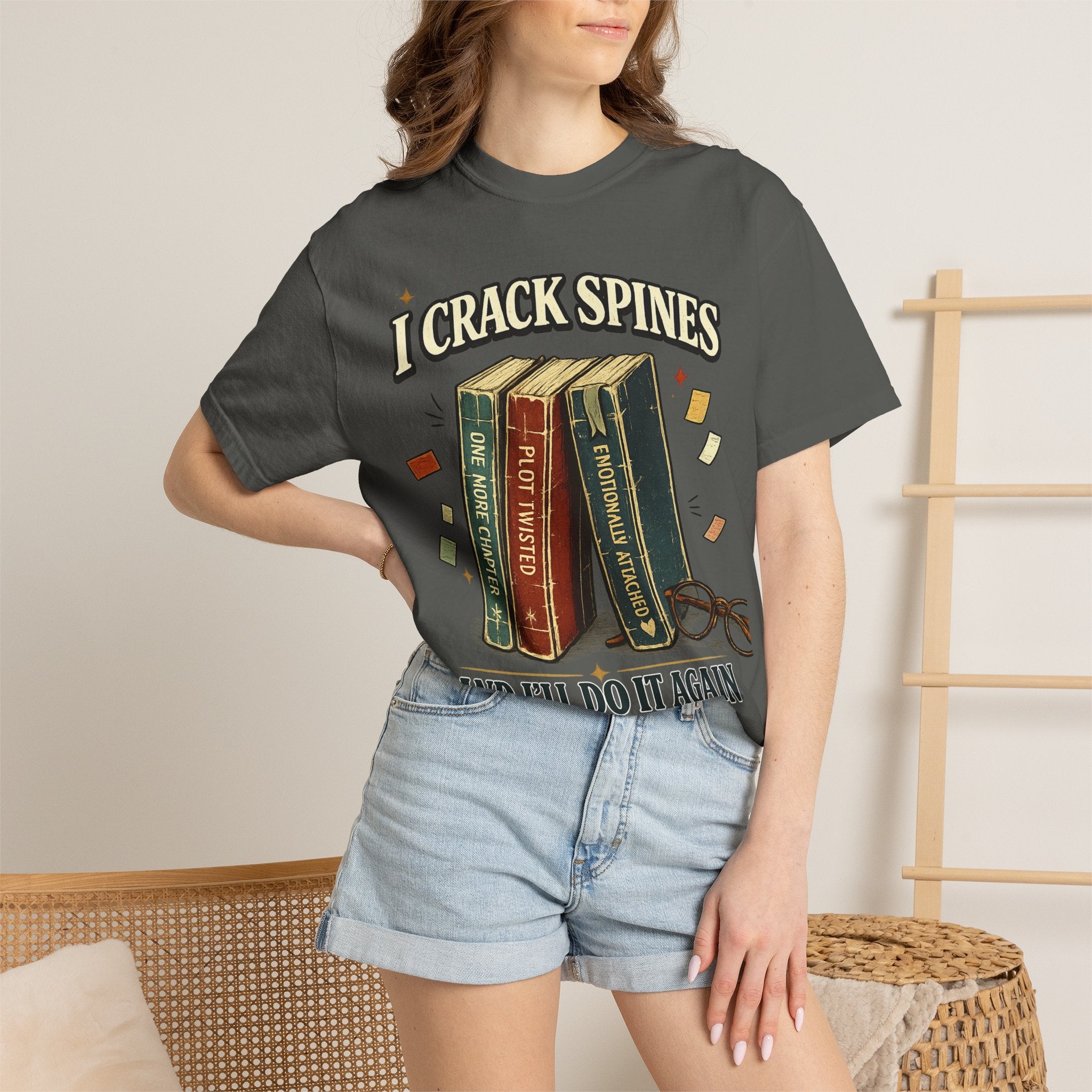 Book Lover T-Shirt — "I Crack Spines and I'll Do It Again" Vintage Stack Graphic