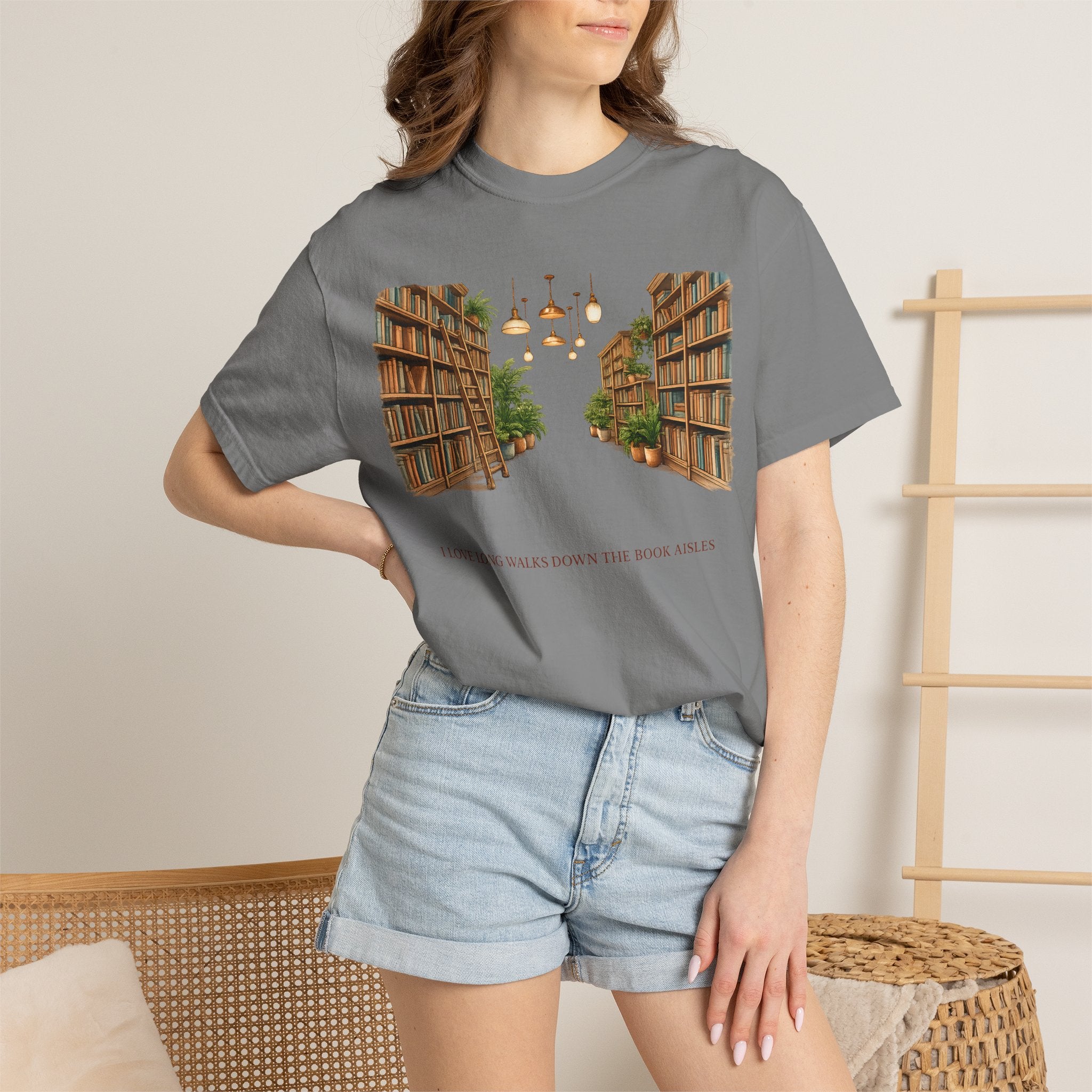 Book Nook T-Shirt — 'I Long Long Walk Down The Book Aisles' Literary Tee