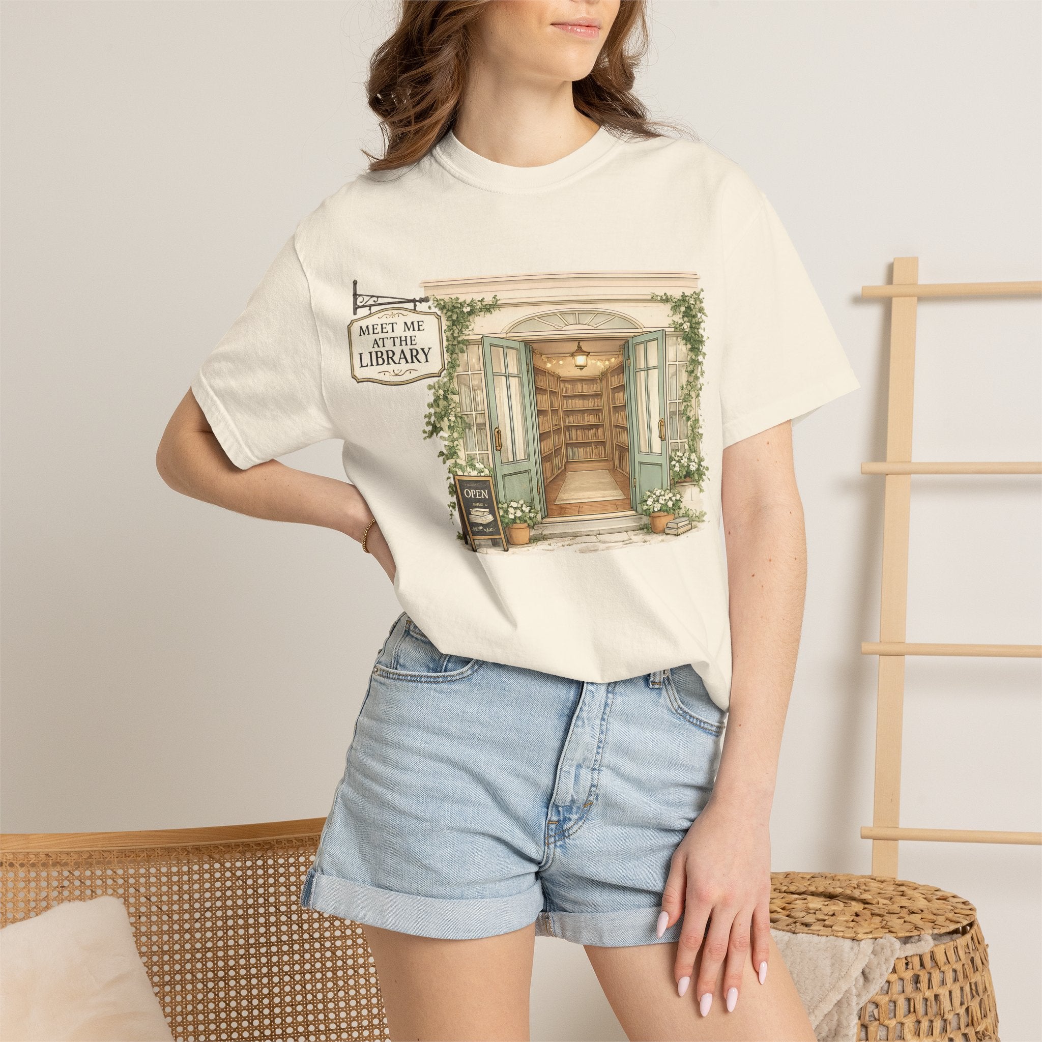 Meet Me at the Library T-Shirt — Cozy Bookshop Illustration Tee