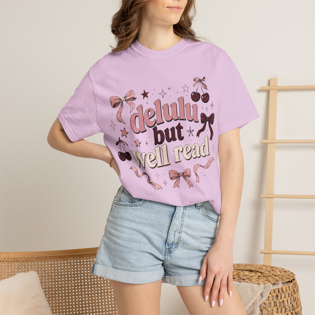 T-Shirt — “Delulu But Well Read” Cute Cherry & Bow Graphic Tee