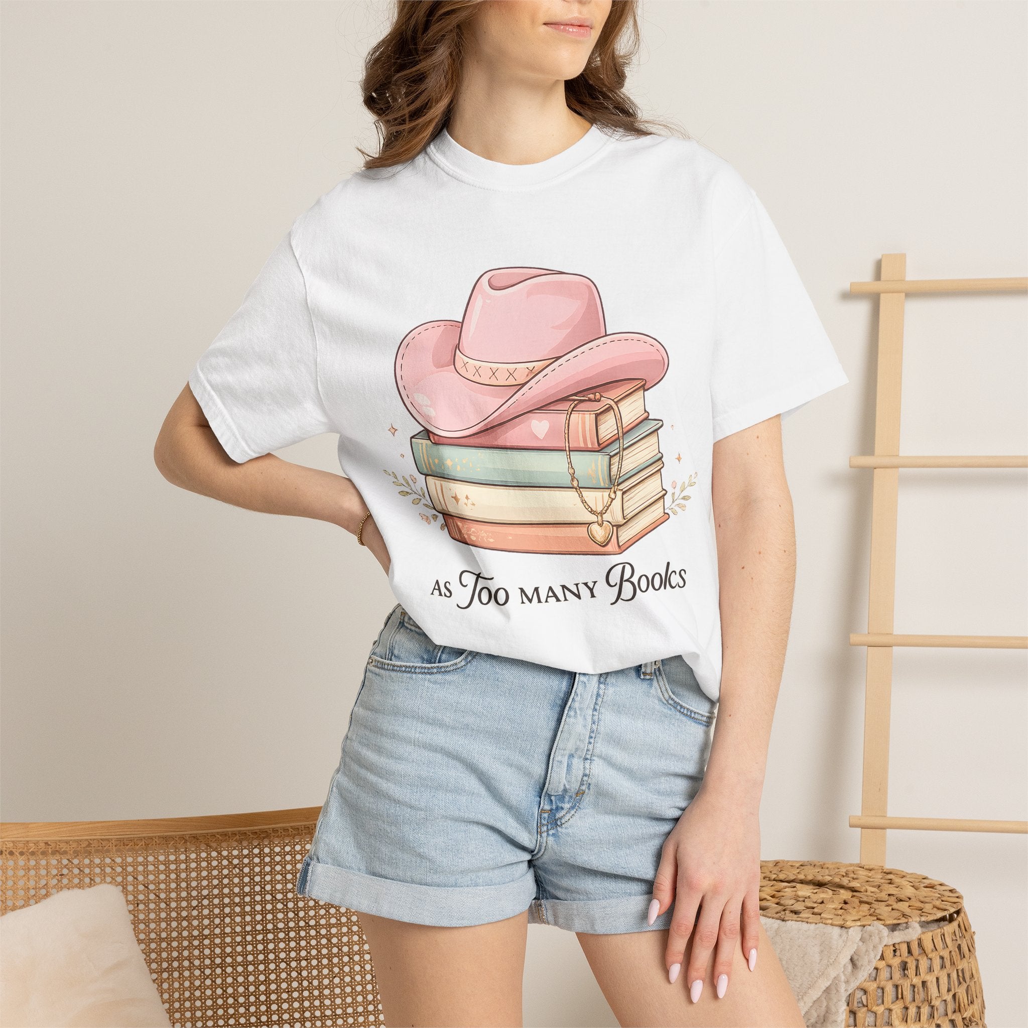 Cowgirl Booklover T-Shirt — "As Too Many Books" Stack with Pink Cowboy Hat