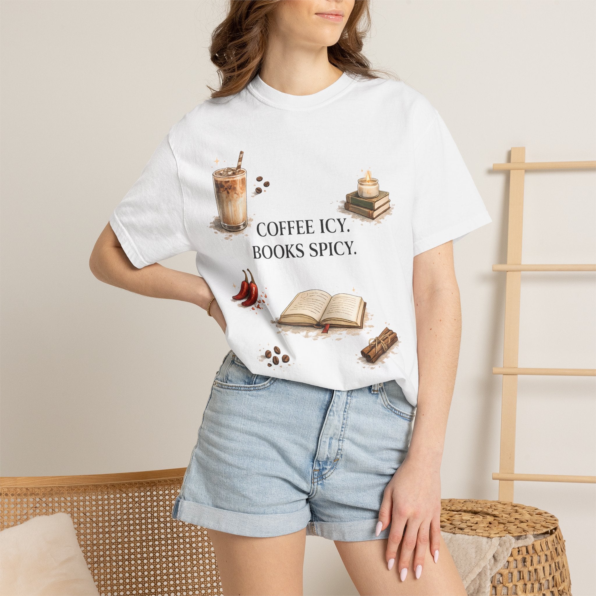 Coffee Icy, Books Spicy T-Shirt — Literary Coffee Lover Tee