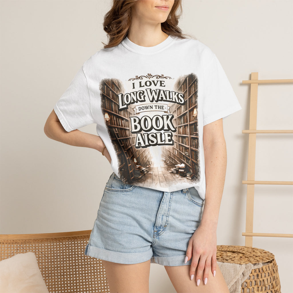 T-Shirt — "I Love Long Walks Down the Book Aisle" Literary Graphic Tee