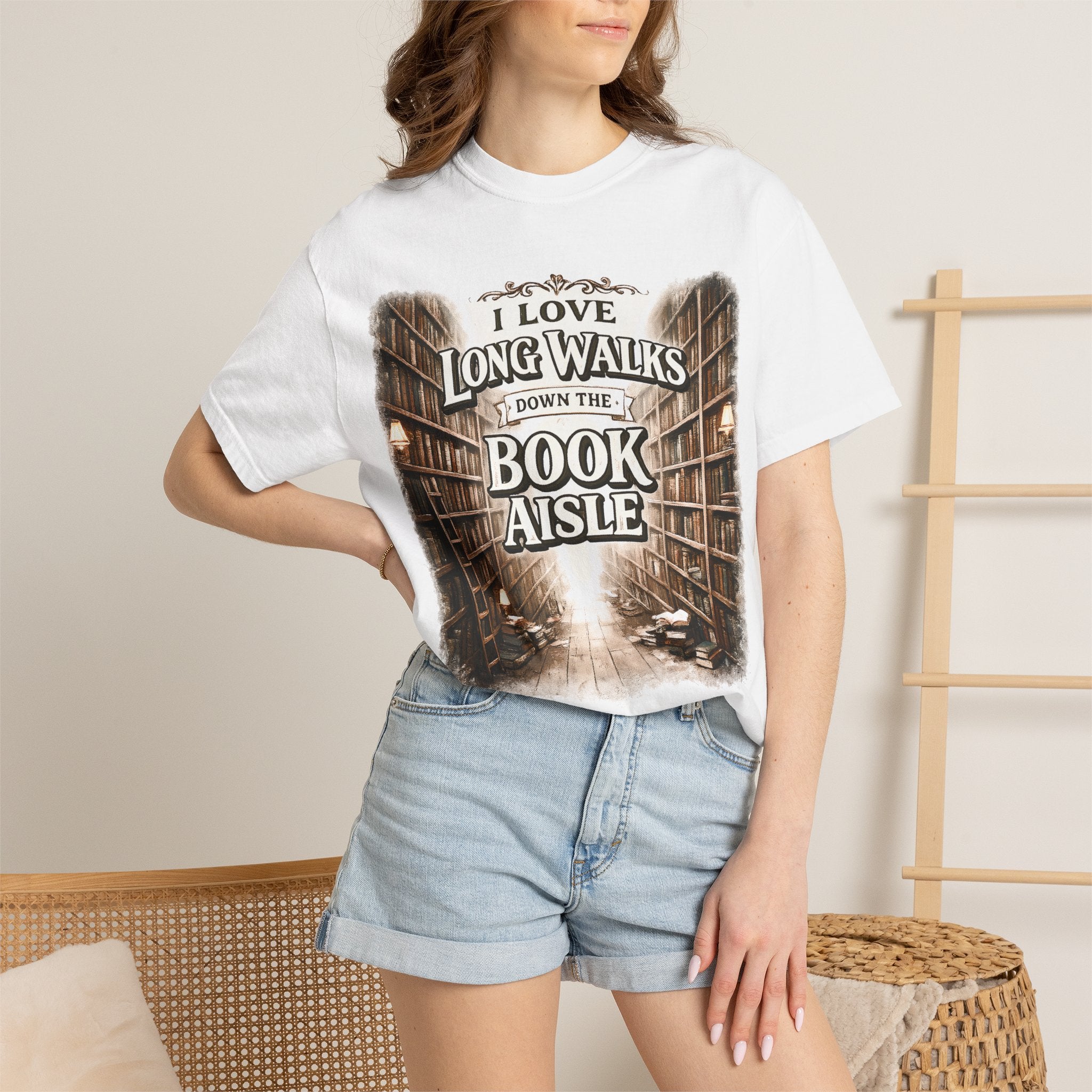 T-Shirt — "I Love Long Walks Down the Book Aisle" Literary Graphic Tee