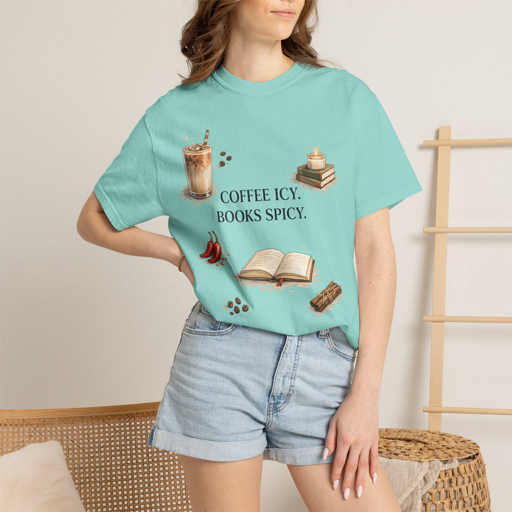 Coffee Icy, Books Spicy T-Shirt — Literary Coffee Lover Tee