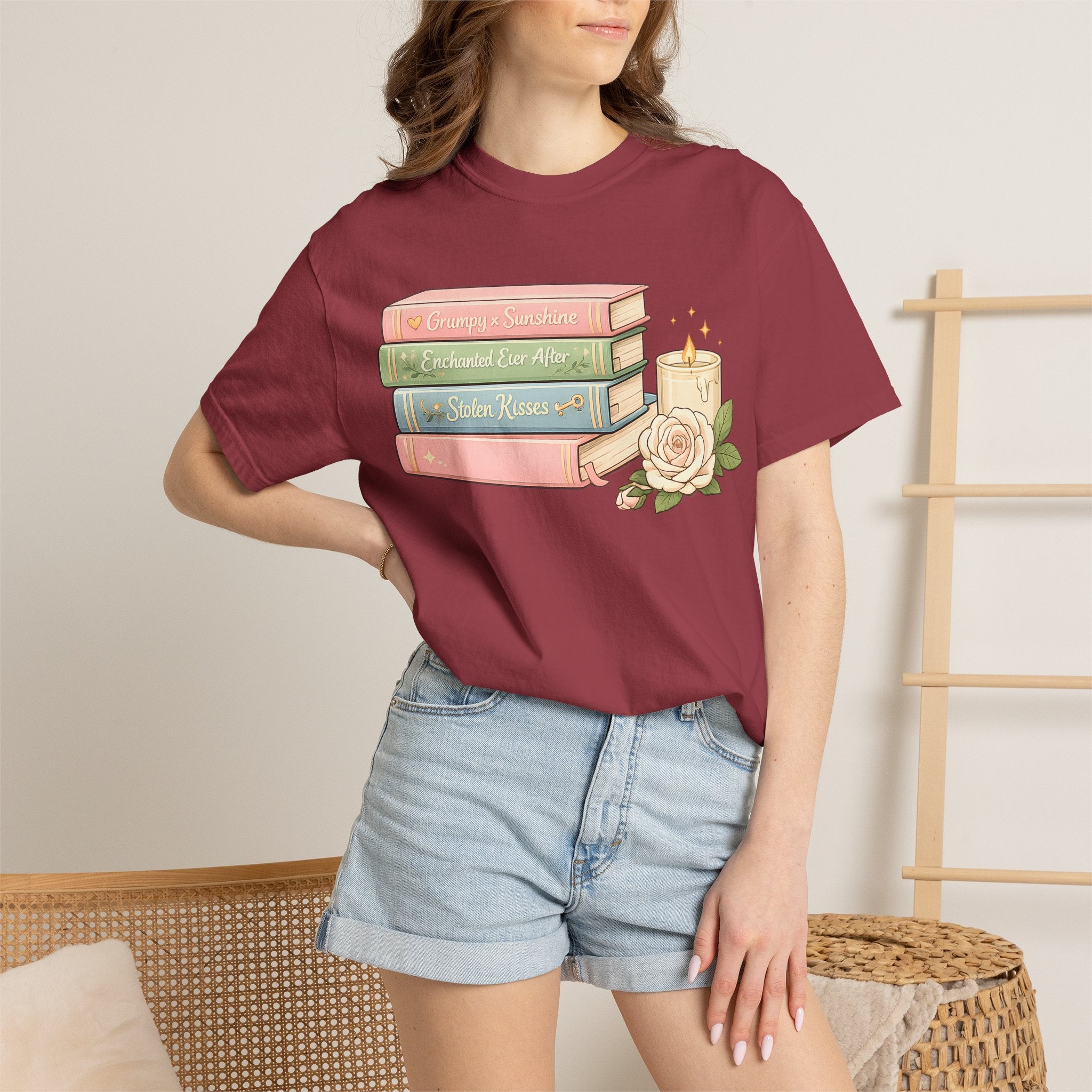 Cozy Bookstack Tee — Pastel Books, Candle & Rose Graphic T‑Shirt