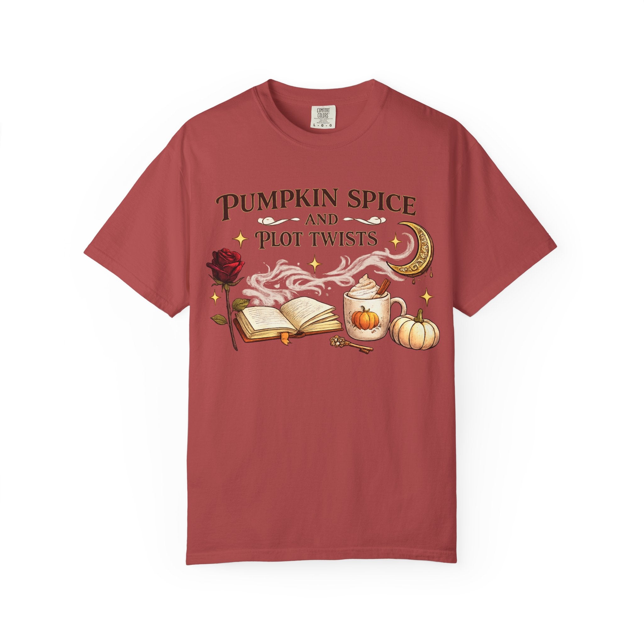 Pumpkin Spice and Plot Twists T-Shirt: Vintage Autumn Flatlay Graphic Tee