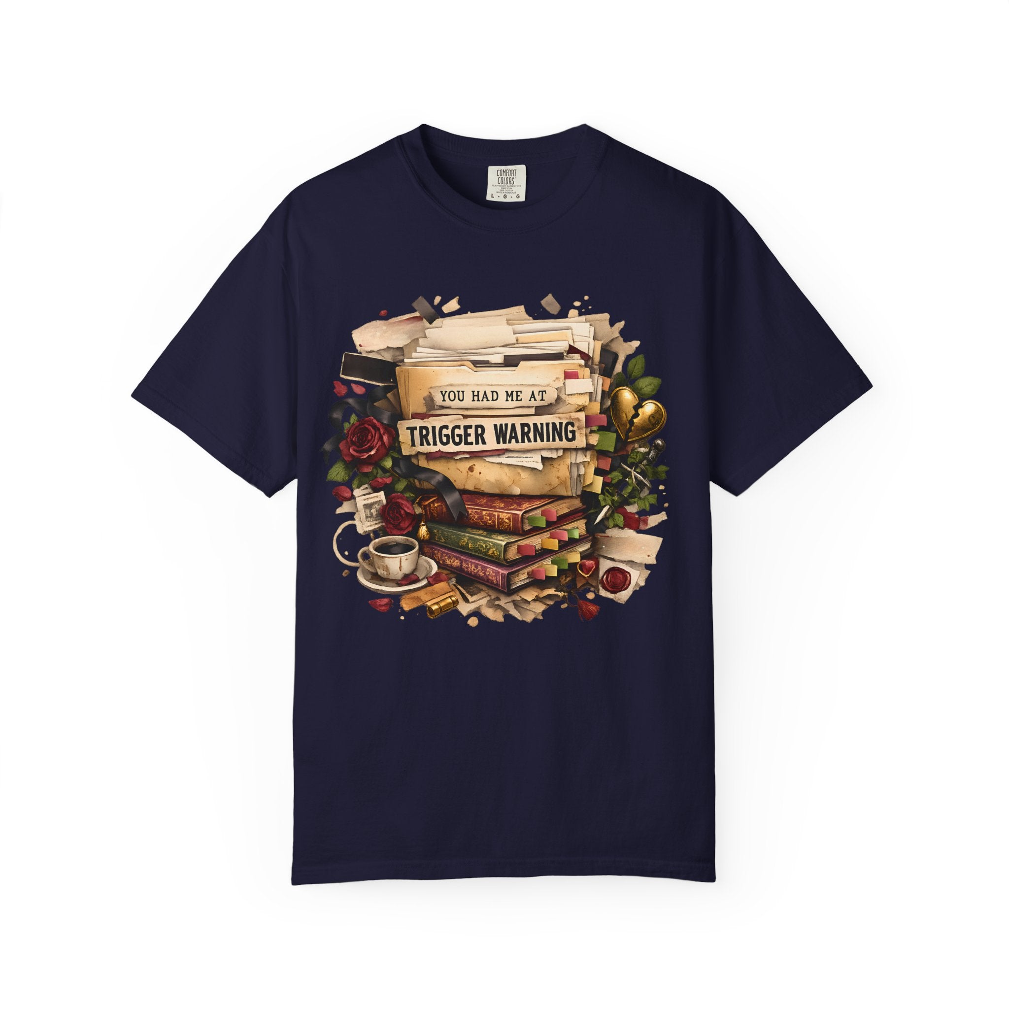 Book Lover T-Shirt — "You Had Me at Trigger Warning" Vintage Stack Design