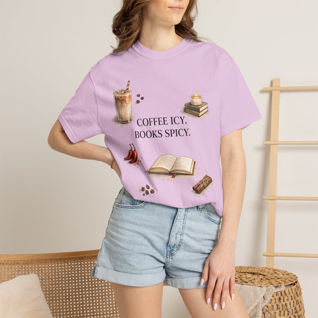 Coffee Icy, Books Spicy T-Shirt — Literary Coffee Lover Tee
