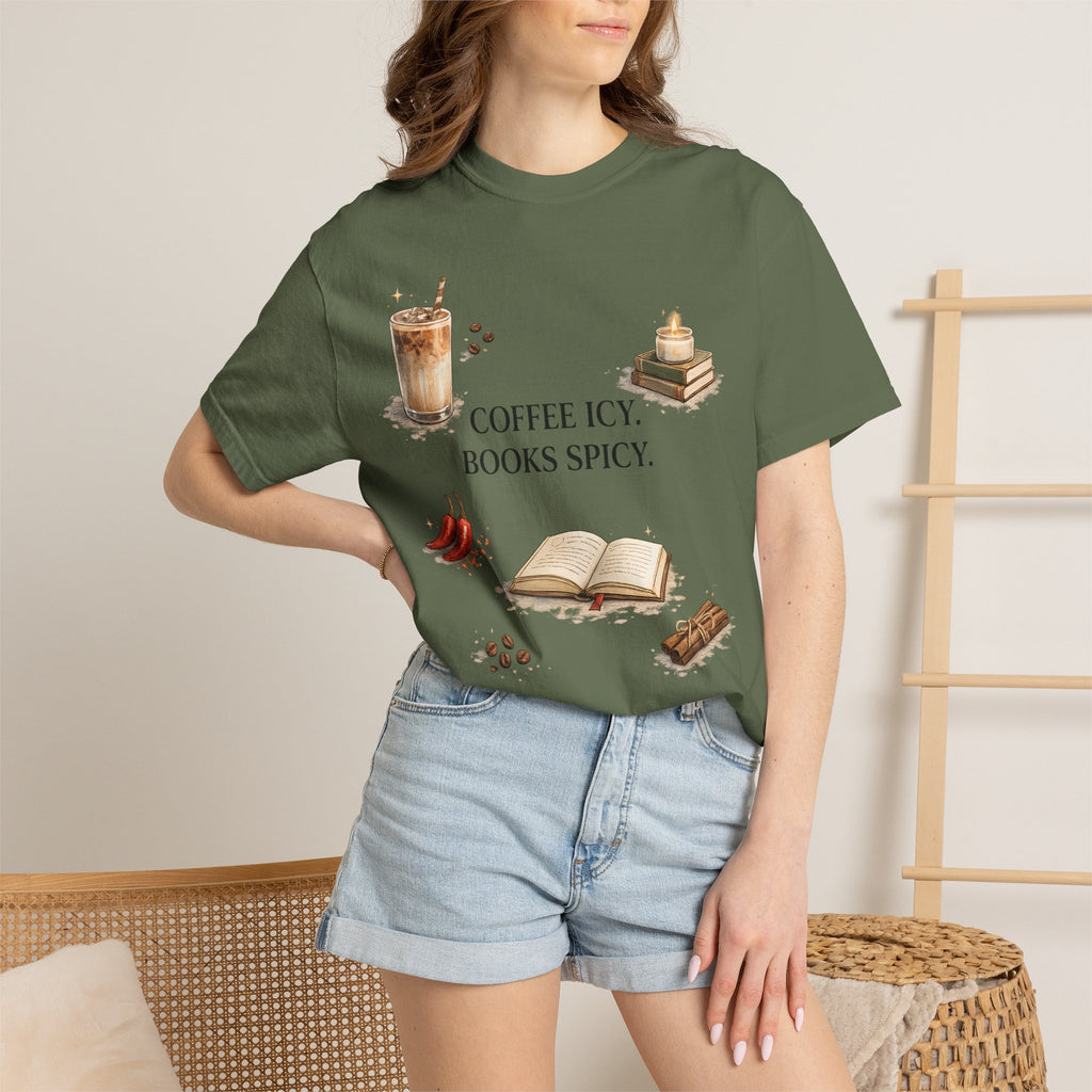 Coffee Icy, Books Spicy T-Shirt — Literary Coffee Lover Tee