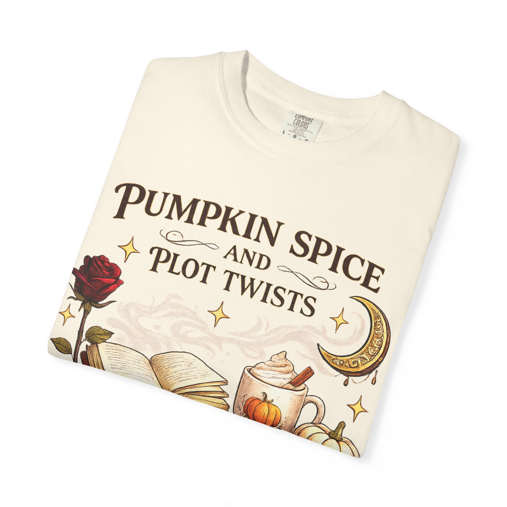 Pumpkin Spice and Plot Twists T-Shirt: Vintage Autumn Flatlay Graphic Tee